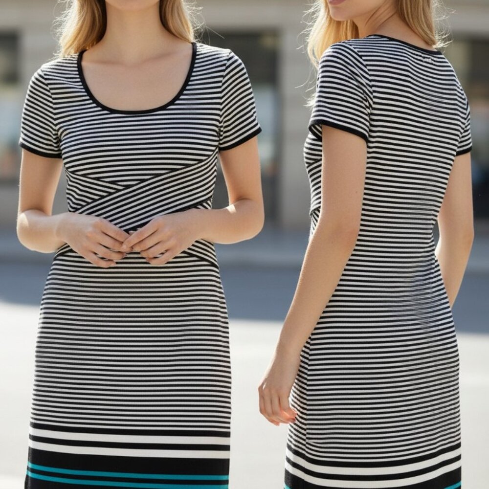 Max Studio Womens Striped Short Sleeve Dress S Black/White